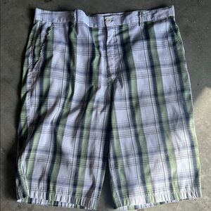 Men's Plaid Flat Front Shorts in Green and White